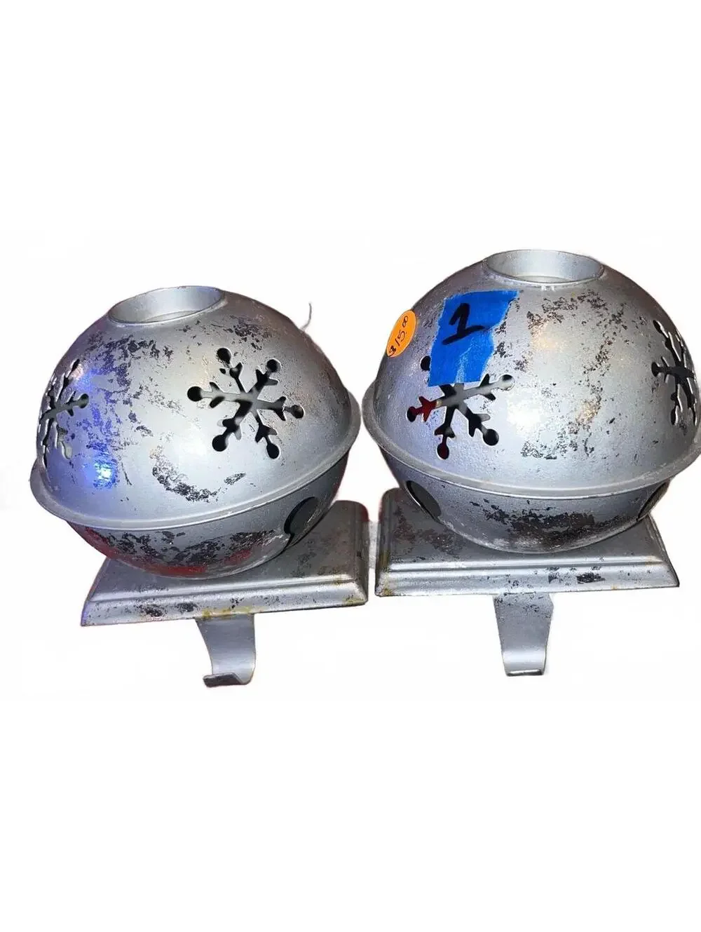 Two Vintage Style Metal Jingle Bell Stocking Holders